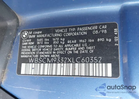 1999 BMW M z USA, uszkodzony, nr VIN WBSCM9332XLC60352